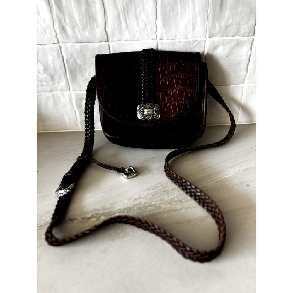 Vintage Brighton Brown Leather Croc Embossed Crossbody Purse Braided Strap